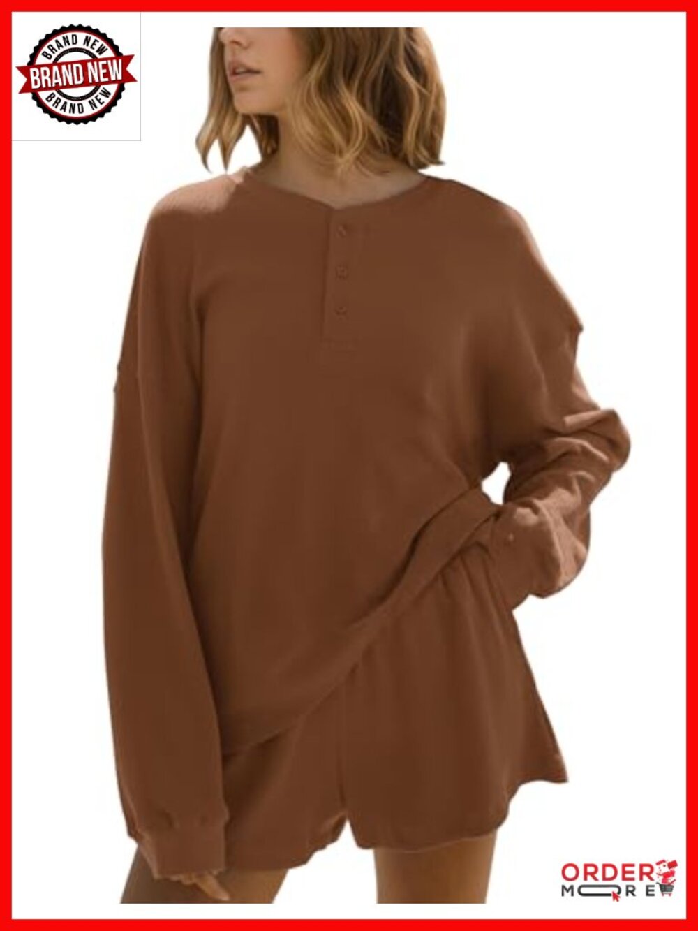 Waffle Knit Lounge Set Long Sleeve Henley Top Shorts 2 Piece